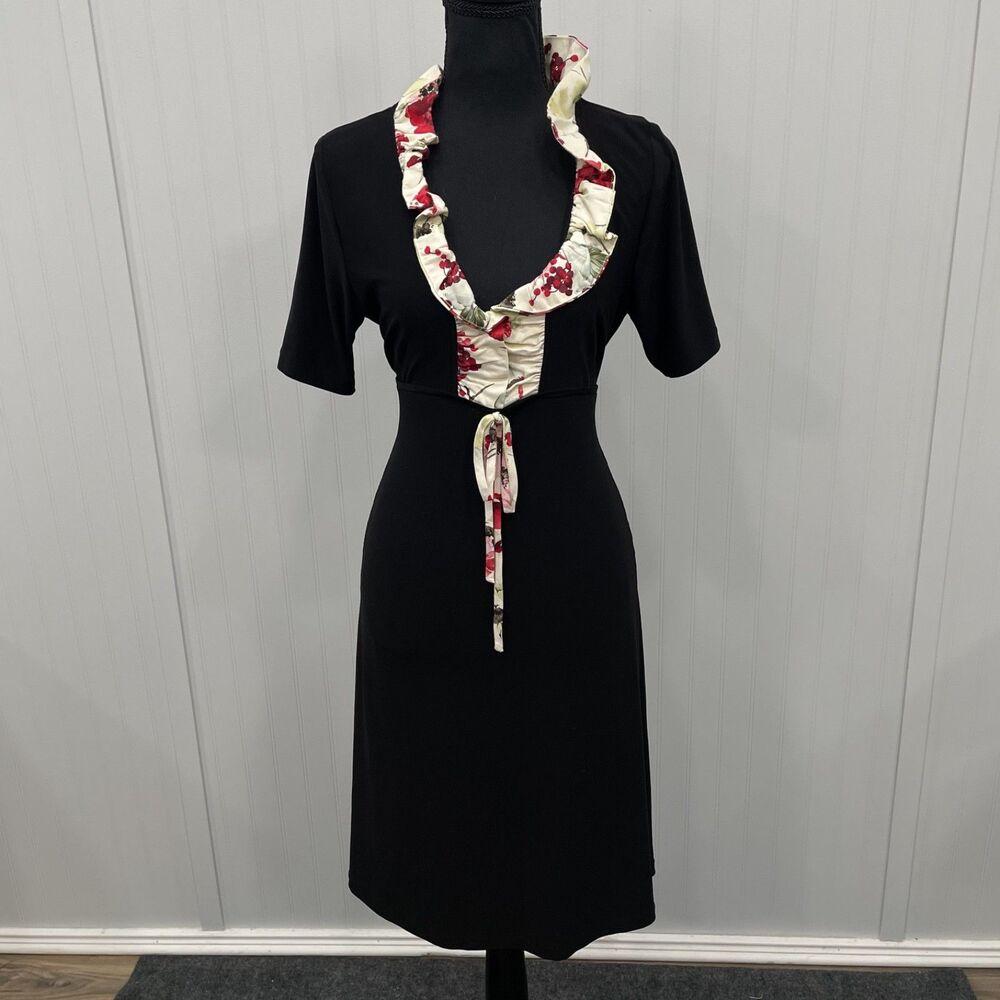 Leona Edmiston Womens Size 10 Black Contrast Ruffle Collar 1/2 Sleeve Midi Dress